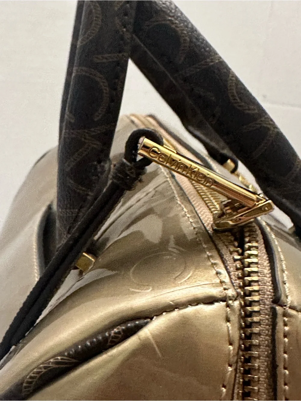 Calvin Klein Metallic Gold and Brown Dome Satchel with Removable Pouch